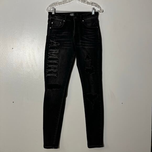 Amiri Skinny Slim Fit Logo Print Distressed Black 5 Pocket Jeans 1 to 1 28x32 - Picture 1 of 7